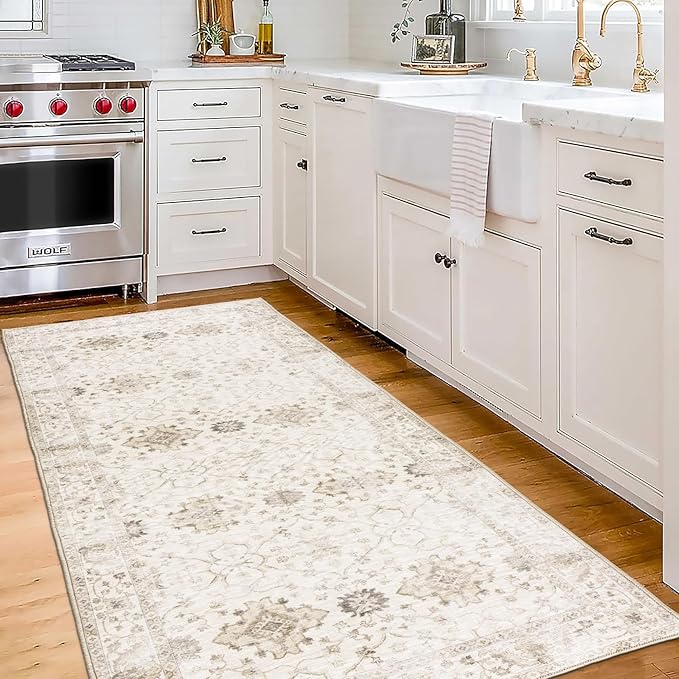 ReaLife Rugs Machine Washable Area Rug Runner - Living Room Bedroom Bathroom Kitchen Entryway Office - Padded Low Pile Stain Resistant Premium - Boho Farmhouse Vintage - BEV - Beige 2'6" x 6'