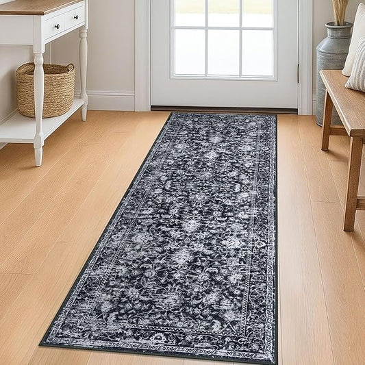 KILOCOCO Washable Runner 2x5 Rug Runner Printed Vintage Floral Kitchen Runners Non-Slip Rubber Backed Runners for Hallways Distressed Thin Soft Rugs for Entryway Laundry Room, Black/White