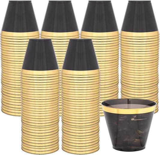 supernal 200 Pcs Gold and Black Plastic Cups-9oz Heavy Duty Plastic Cups,Gold Rimmed Disposable Cups,Disposable Wine Glasses Perfect for Wedding,Birthday Parties,Thanksgiving,Christmas