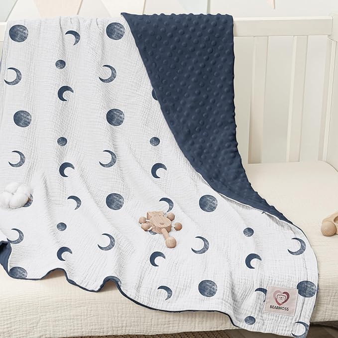 Bearmoss Baby Blankets for Unisex Boys Girls, Soft Nursery Crib Blankets with Muslin Cotton Front and Dotted Fleece Back for Newborns Toddlers 30x40inch (Blue Moon)