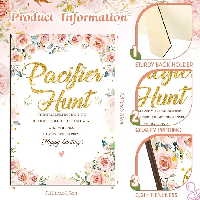Thyle 51 Pcs Pacifier Hunt Baby Shower Games Include Hunt Sign and 50 Acrylic Pacifiers for Baby Shower Game Decoration Gift Sets Gender Reveal Party Decor(Flower)