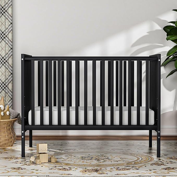 Baby Crib 5-in-1 Convertible, Wood Full Size Toddler Bed for Small Baby, Made of Sustainable Natural Pinewood Cribs, Non-Toxic Finish, Simplistic Nursery Furniture (Black)