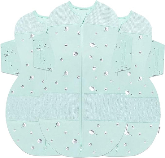 Happiest Baby SNOO Sleep Sack - 100% Organic Cotton Baby Swaddle Blanket - Doctor Designed Promotes Healthy Hip Development - 3-Pack Bundle (Teal Planets, S, M, L)