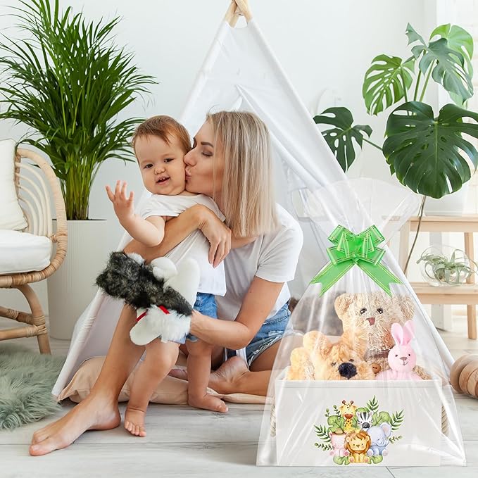 Pickmesh Baby Shower Storage Basket with Gift Bags Rectangular Ribbons Collapsible Canvas Storage Bin with Handles for Diaper Organizing Toy Home DIY Gift Basket, 13 x 9. 1 x 7. 1 Inch(Jungle Theme)