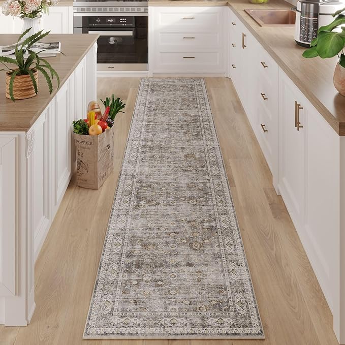 Runners for Hallways Kitchen Runner Rug Non Slip 2'x10' Long Washable Rugs with Rubber Backing Soft Vintage Carpet Runner for Hallways, Kitchen, Laundry, Bedroom, Bathroom (Grey and Brown)