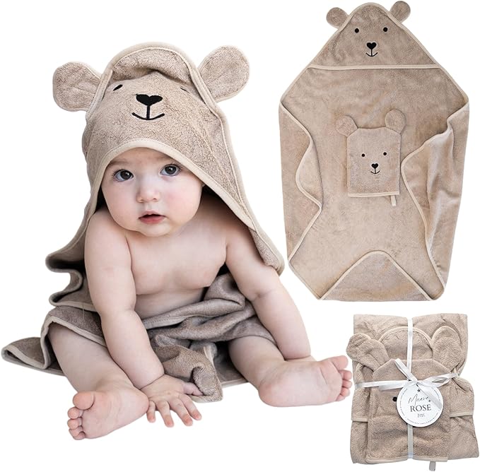 Hooded Baby Towel with Mitt - Ultra Soft Plush Bath Essential for Newborn, Infant & Toddler - Premium 30x30 Inch Large Absorbent Baby Bath Towels with Hood for Boys & Girls (Cuddly Bear)