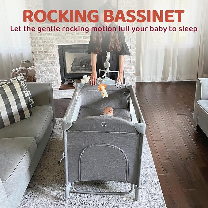 HARPPA Pack and Play 5 in 1, Portable Baby Playard for Travel, Baby Bassinet Bedside Sleeper with Mattress, Rolling Bassinet for Infant, Pack n Play with Changing Table, Bed Crib(Gray)