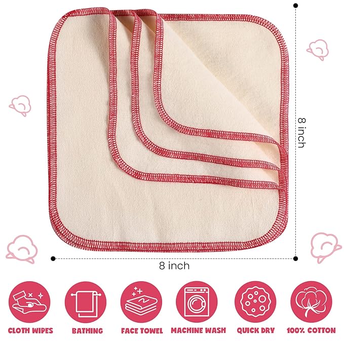 meekoo 45 Pcs Unbleached Flannel Cloth Baby Wipes Reusable Baby Diapers Wipes 8 x 8 Inch Soft and Sturdy Washable Natural Cloth Tissues Outer Stitching(Red)