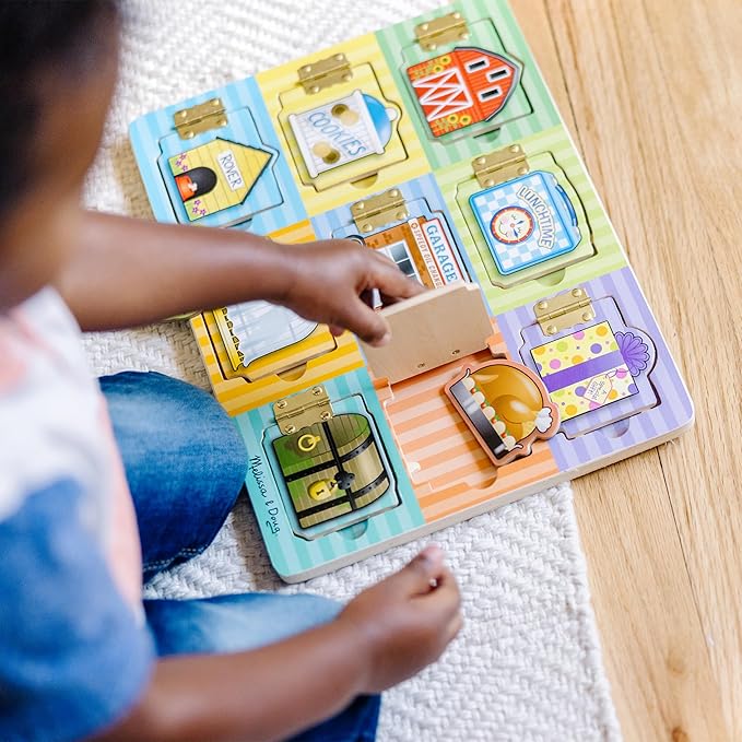 Melissa & Doug Wooden Hide & Seek Activity Board – Montessori Busy Board with Hinges, Doors & 9 Wooden Magnetic Puzzles, Educational Preschool Learning Toy for Toddlers & Kids Ages 3+