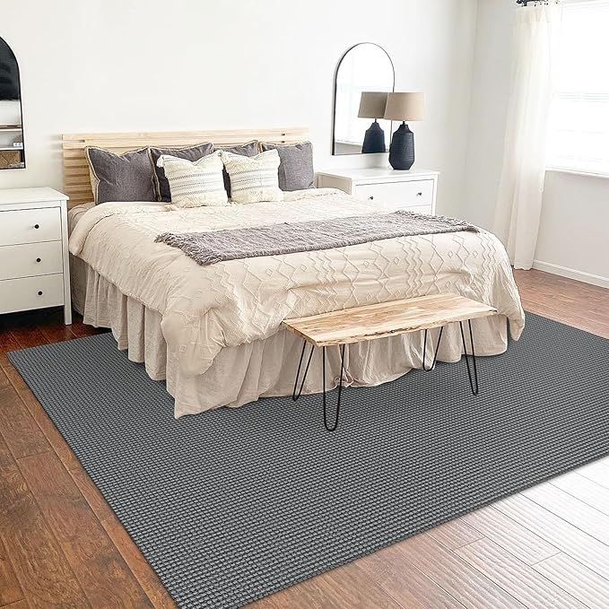 KOZYFLY Washable Area Rug 5x7 ft Rubber Backed Non Slip Rugs for Living Room Braided Cotton Bedroom Rug Woven Office Rugs Indoor Floor Carpets for Dining Bedroom Living Room, Grey/Dark Grey