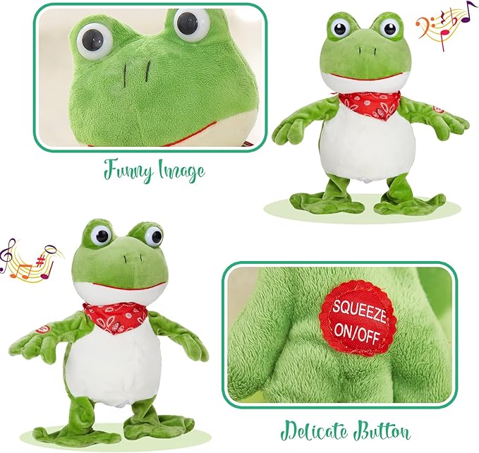 Houwsbaby 12” Green Frog Toy Croaking Frog Musical Stuffed Animal Frolick Froggy Shaking and Waving Electronic Interactive Animate Plush Toy Birthday Holiday Present