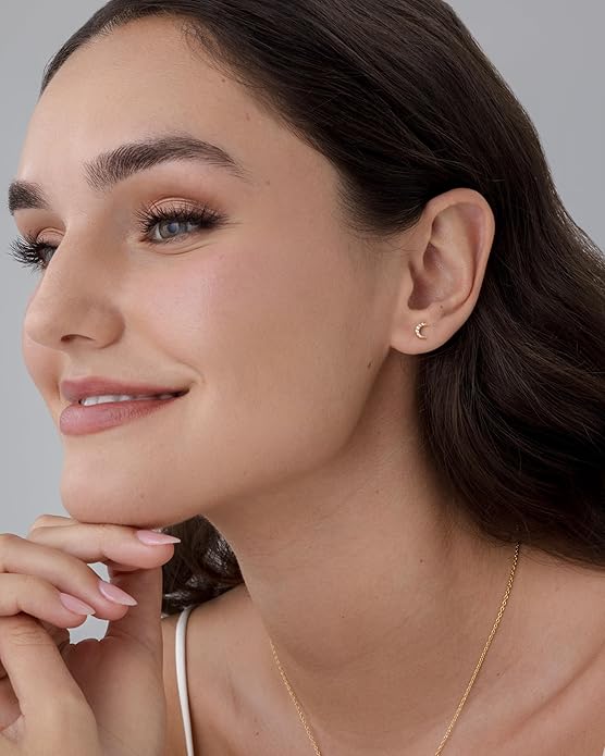 PAVOI 14K Gold Plated Dainty Flat Back Earrings for Women - Hypoallergenic Sterling Silver Posts Helix Cartilage Piercing Jewelry - Emoji Motif Bow Celestial Flatback Gold Stud Earrings Screw Back