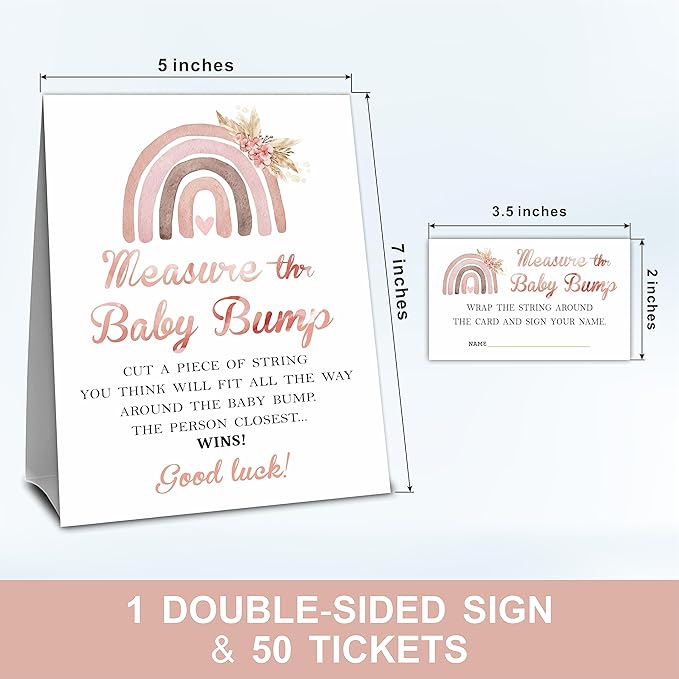 Boho Rainbow Baby Shower Measure The Baby Bump, Measure Mommy's Belly Game Set-1 Self-Standing Sign And 50 Tickets - Gender Reveal, Baby Shower, Baby Announcement Activity & Party Favor Supplies - A04