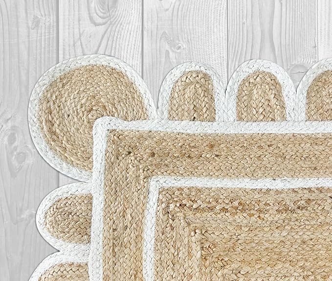 Shiv Shakti Exports Scalloped Natural Jute Area Rug, Natural Base Off White Trim (12x18 Feet)