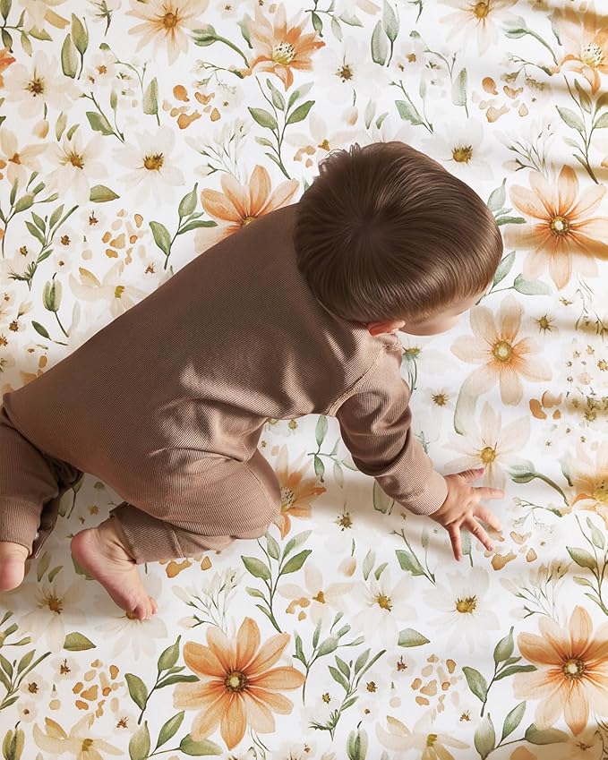 Baby Crib Sheets for Boys Girls, Fitted Crib Sheet Neutral 3 Pack for Standard Crib and Toddler Mattress, Breathable Soft Microfiber Baby Sheet 28x52x8in Orange Flowers & Plaid