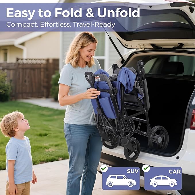 Stroller Wagon for 2 Kids,Foldable Wagon Stroller with Canopy, All-Terrain Parent Organizer, Adjustable Handle & Pull Bar Baby Wagon for Infants and Toddlers, Lavender Blue