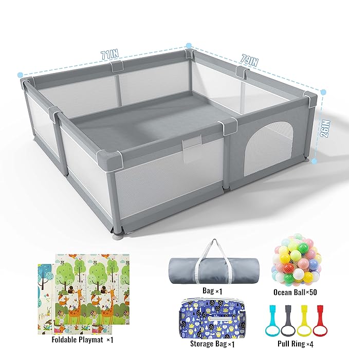 Baby Playpen 79" X 71", LUTIKIANG Play Yard for Babies and Toddlers with Mat, Safety Extra Large Baby Fence Area, Indoor & Outdoor Kids Activity Play Center with Anti-Slip Suckers and Zipper Gate.
