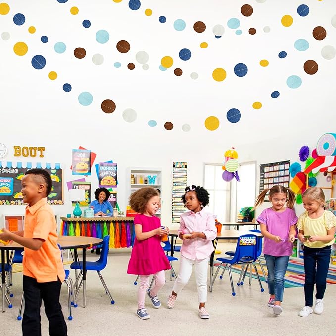 Boho Classroom Decorations Navy Blue Yellow Brown Felt Circle Dot Garland Hanging Polka Dot Streamer for Classrooms Preschool Everyone is Welcome Homeschool Nursery Birthday Baby Shower Party Decor