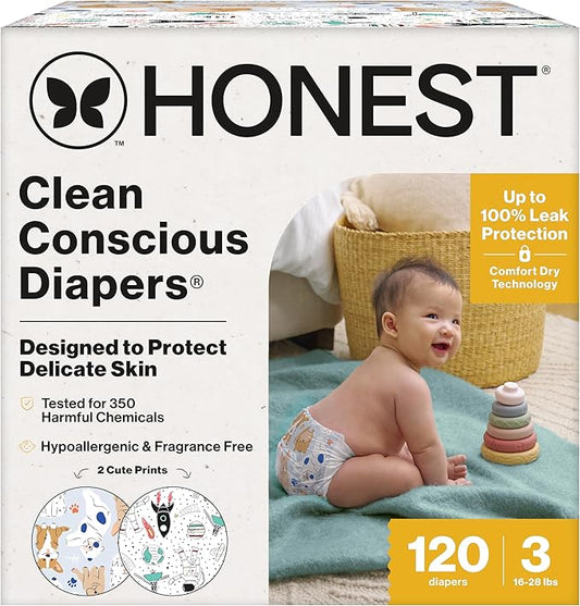 The Honest Company Clean Conscious Diapers for Delicate Skin | Up to 100% Leakproof | Hypoallergenic, Fragrance Free | Gender Neutral | Super Club Box, Size 3 (16-28 lbs), 120 Count (Prints May Vary)