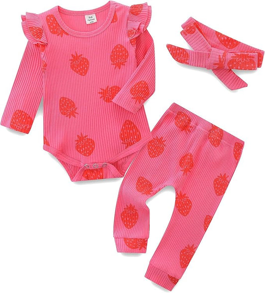 Fullfamous Baby Girl's 3pc Rib Frill Long Sleeve Romper and Pant Set