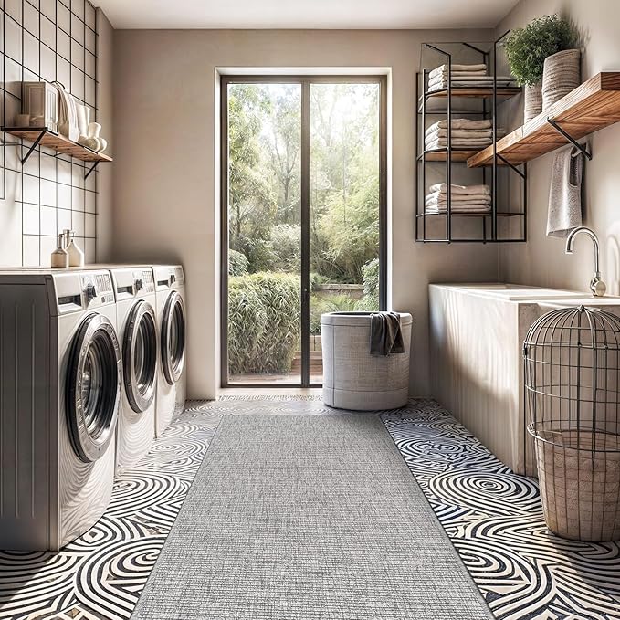 Beverly Rug Easy Jute Gray Runner Rug 2x7 Solid Washable Durable Outdoor Indoor Area Rugs for Living Dining Patio Office Stain Resistant Non Shedding Casual Indoor Outside Carpet 2 x 7 Gray