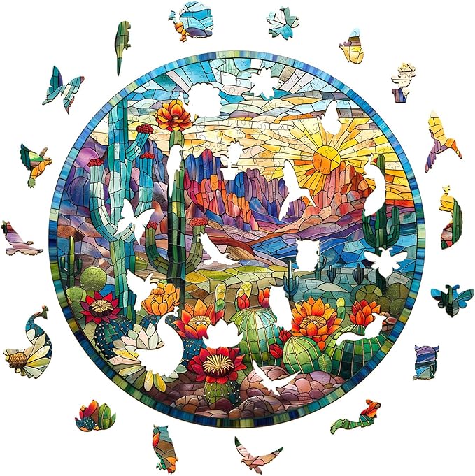 Jigfoxy Wooden Puzzles for Adults, Stained Glass Cactus Wood Puzzles Adult, Unique Animal Shape Wooden Jigsaw Puzzles for Adults, Birthday Gifts for Puzzle Lovers, Family (L-13.4 * 13.4in-300pcs)