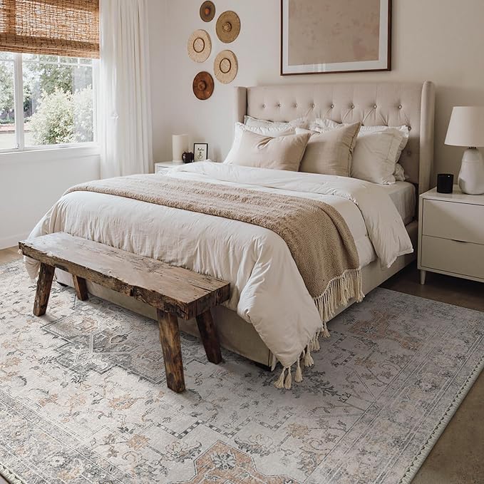 GENIMO 7x10 Area Rugs for Living Room, Non Slip Machine Washable Vintage Rugs, Low Pile Lightweight Chenille Print Large Rug for Bedroom, Dining Room, Home Office, Light Taupe Brown