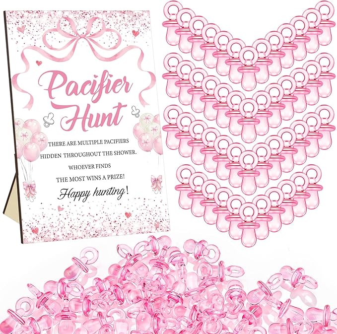 Thyle 51 Pcs Pacifier Hunt Baby Shower Games Include Hunt Sign and 50 Acrylic Pacifiers for Baby Shower Game Decoration Gift Sets Gender Reveal Party Decor(Pink Bow)