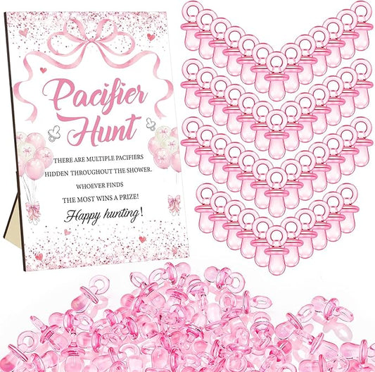 Thyle 51 Pcs Pacifier Hunt Baby Shower Games Include Hunt Sign and 50 Acrylic Pacifiers for Baby Shower Game Decoration Gift Sets Gender Reveal Party Decor(Pink Bow)