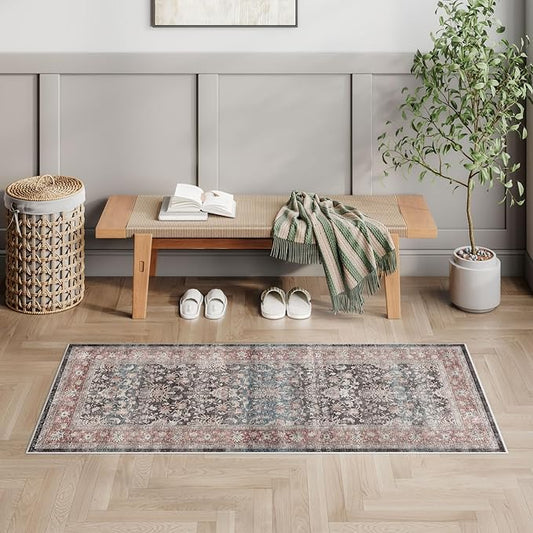 Dripex Vintage Washable Area Rug - 2x4 Indoor Door Mat Oriental Medallion Accent Throw Rug Distressed Foldable Non-Slip Low-Pile Bathroom Kitchen Rug for Entryway Laundry Room Living Room Bedroom