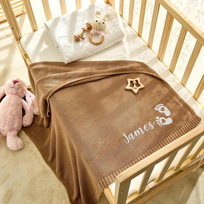 Personalized Name Baby Blanket, Embroidered Name Baby Blanket, Soft Breathable Cotton Knit Blankets, Newborn Babys Gift, New Mom Gifts, Newborn Babys Girl & Boy Gift, Birthday Shower Gifts