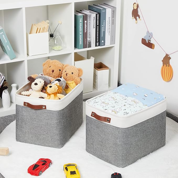 HNZIGE Large Fabric Storage Baskets Bins for Organizing [2 Pack] Foldable Storage Bin Tall Baskets for Shelves 16" X 11.8" X 11.8" Canvas Rectangular Decorative Storage Bins for Closet(Gray&White)