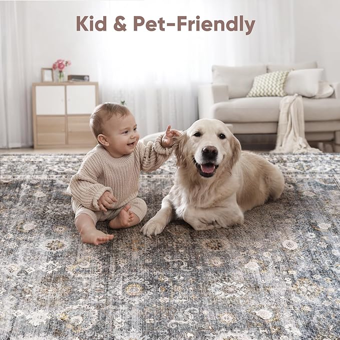 Runner Rug for Hallways Kitchen Non Slip 2'x 6' Washable Rugs with Rubber Backing Soft Floral Carpet for Hallways, Kitchen, Laundry, Bedroom, Bathroom(Grey and Brown)