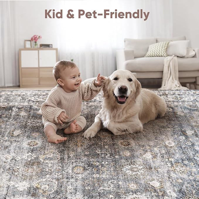 Runner Rug Hallway Runner Rug Washable Kitchen Runner Rugs with Rubber Backing 2'6''x8' 100% Polyester Vintage Rug for Entryway Indoor, Kitchen, Laundry, Bedroom (Grey and Brown)