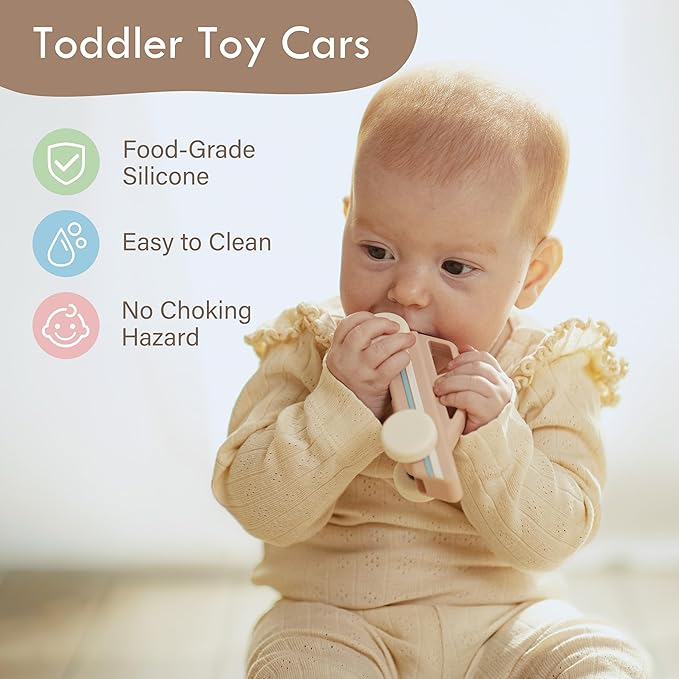 Moonkie Food-Grade Silicone Toy Cars for Toddlers 6M+ | Push & Go Baby Vehicles | One-Piece Safe Design, Easy to Clean & Grasp | Perfect 1st Birthday Gift | 3-Pack