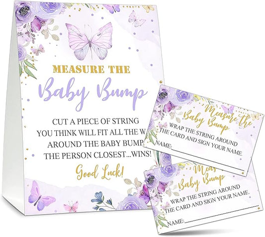 Measure the Baby Bump Baby Shower Game Set, 1 Standing Sign with 50 Guessing Cards, Butterfly Gender Reveal Party Decorations Supplies - B02