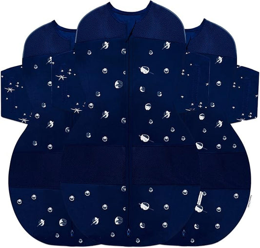 Happiest Baby SNOO Sleep Sack - 100% Organic Cotton Baby Swaddle Blanket - Doctor Designed Promotes Healthy Hip Development - 3-Pack Bundle (Midnight Planets, S, M, L)