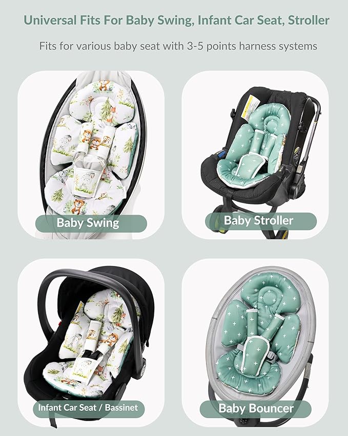 Generic Infant Car Seat Insert Compatible with Mamaroo Swing & Graco Swing and Infant Car Seat, Newborn Insert Baby Head Body Support, Reversible Design, Breathable Soft Fabric, 1Pcs - Green Woodland