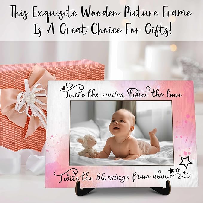 Twins Baby Pictures Frame, Watercolor Baby Photo Frame with Stand, Twins Gifts for Babies, New Baby Gifts For New Mom Dad, Home Living Room Bedroom Decoration -a73