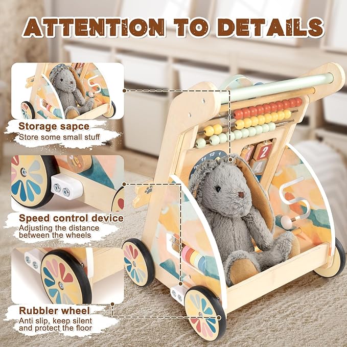 LOL-FUN Wooden Baby Walker with Double-Sided Busy Board, Push Walker for Baby with Adjustable Speed Wheels, Activity Learning Walker for Boys 6-12 Months