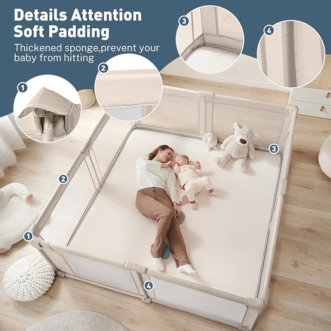 Baby Playpen Portable, Pre-Assembled Play Pen 71x79 Large Foldable Playpen for Babies and Toddlers, Sturdy and Safe Toddler Play Yard Indoor Outdoor with Carry Bag, Light Khaki