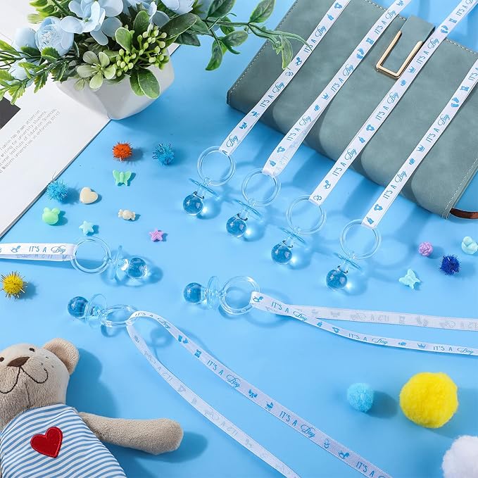 Chengu 100 Pcs Baby Shower Pacifiers Necklace, Acrylic Pacifiers Necklace Charm for Gender Reveal Party Decorations(Blue)