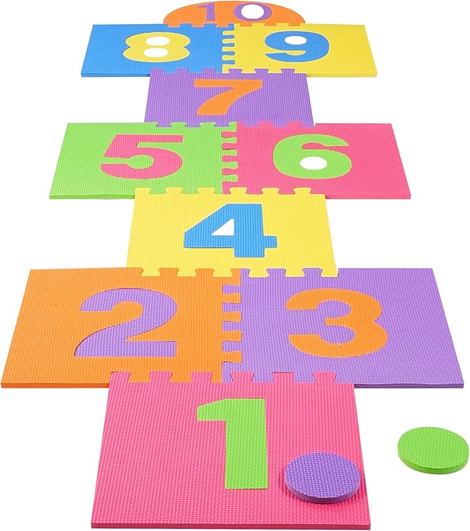 Hopscotch Playmat Foam Interlocking Puzzle Floor Mat - 10 Large Number Tiles (12" by 12" Square Blocks)