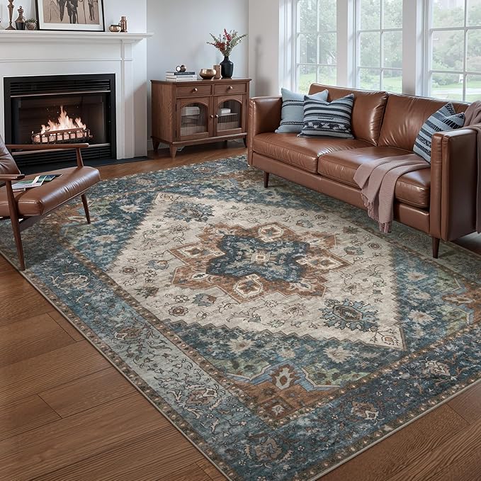 Ciicool 5x7 Area Rugs, Washable Area Rug Boho Rugs for Living Room Non-Slip Indoor Rugs Large Low-Pile Mat Floor Carpet Vintage Rug for Bedroom Office Dinning Foyer Decor