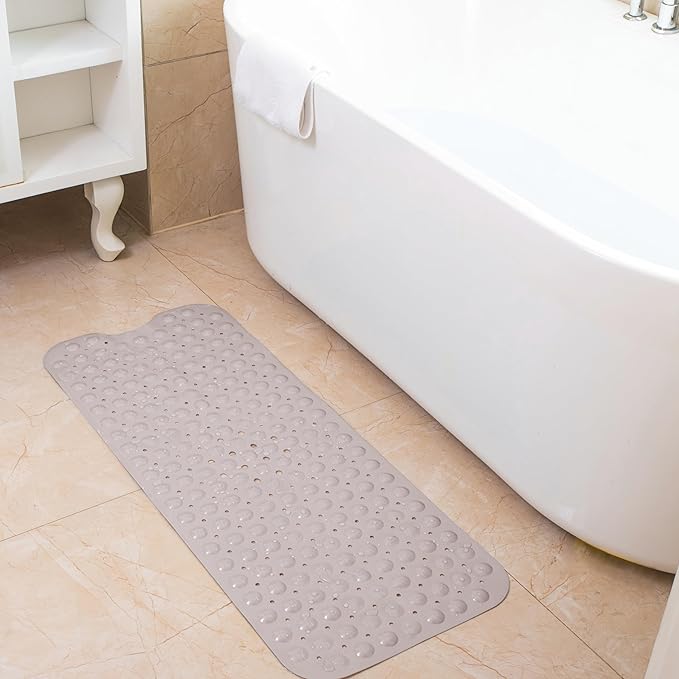 Linoows Bathtub and Shower Mats, Extra Long Non-Slip Bath Tub Mat 39 x 16 Inch, Machine Washable Bathmat with Suction Cups & Drain Holes for Bathroom Floor, Tan