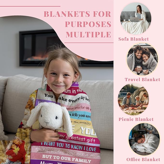 Personalized Mothers Day Birthday for Mom Custom Throw Blanket with Pictures, Customized Photo Blankets Gift for Mom Women Grandma Wife from Daughter Son Kids Husband(mom Stripe)