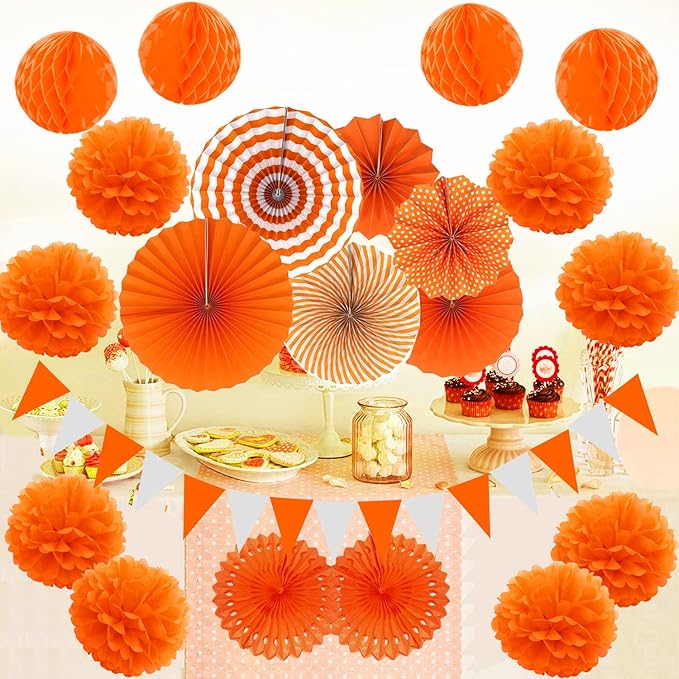 ZERODECO Party Decoration, 21 Pcs Orange Hanging Paper Fans Pom Poms Flowers, Garlands String Polka Dot and Triangle Bunting Flags for Minnie Mouse Birthday Parties Baby Showers Wedding