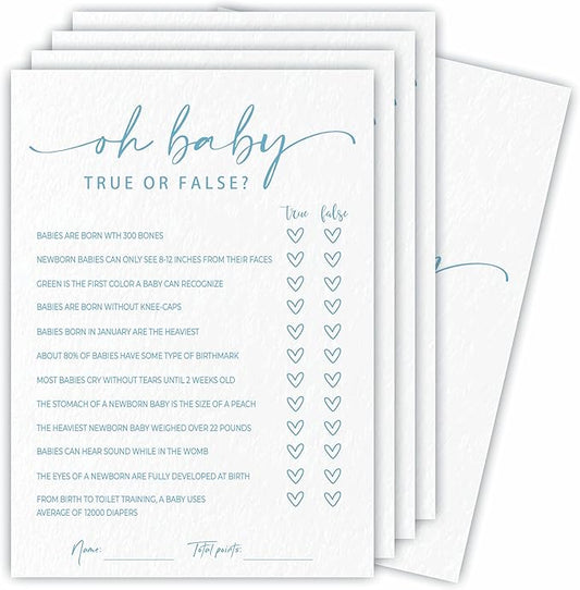 True or False Game Set For Baby Shower - Minimalism White & Blue - 30 Double-Sided Fill In Style Game Cards & 1 Answer Card For Gender Reveal, Baby Announcement, Party Favor & Supplies - C01