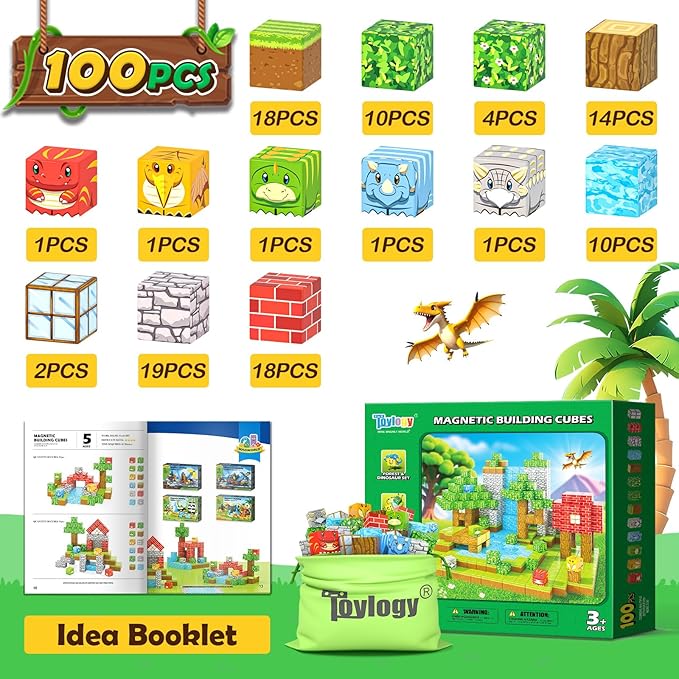 100PCS Magnetic Blocks - Build Mine Magnet World Forest Dinosaur Edition, Sensory STEM Construction Building Toys Kids Games for Toddler Christmas Birthday Gifts for 3 4 5 6 7 8 Years Old Girls & Boys