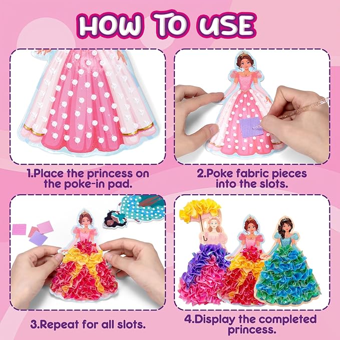 JolliBrix Poke in Kits for Girls - Princess, Arts and Crafts for Kids, Tufting Kit for Kids, Toys for Girls Ages 4 5 6 7 8+, Mess Free Art Activity, Great Gift for Birthday, Christmas